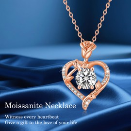 MISUMOR Moissanite Women's Necklace 925 Silver Chain Gold with Roses Heart Pendant Heart Necklace Jewellery Women's Love Gift for Women Girlfriend Christmas Valentine's Day Mother's Day, One size