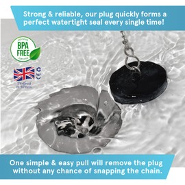 Smith’s® (44.5mm-45mm) Black Plug & Chain - Bathtub, Bathroom, & Kitchen Sink Plug | 48cm Strong Stainless Steel Ball Chain With S-Hooks | Comes Pre-Assembled