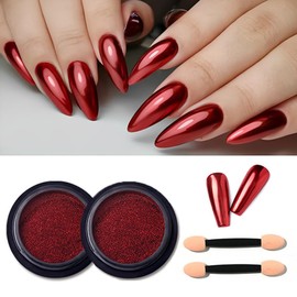 Red Chrome Nail Powder for Nail Art, 2 Boxes Metallic Mirror Effect 3D Holographic Glitter Pigment Dust Red Dip Powder for Valentine's Day Christmas Manicure Decorations with Tool