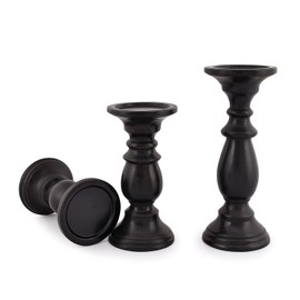 SAMHITA Set of 3 Farmhouse Mango Wood Candle Holders, in Black Finish for Table Centerpiece Candle for Any Room Decor