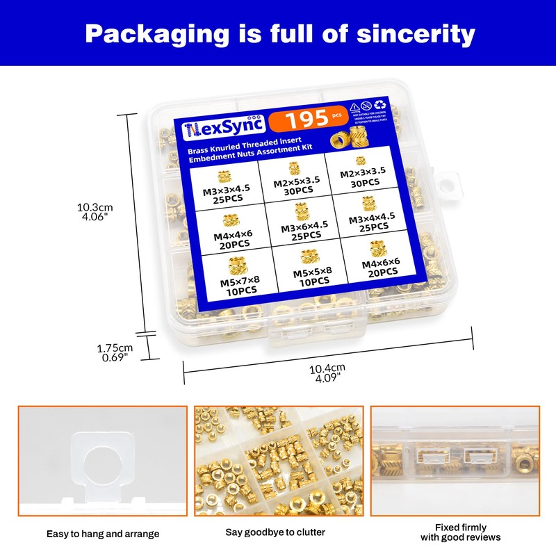 NexSync 195Pcs M2 M3 M4 M5 Threaded Inserts Assortment Kit
