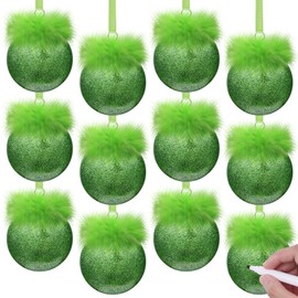 Hollowfly 12 Pcs Christmas Flat Ball Ornaments DIY Lime Green Christmas Ornaments with Fuzzy Green Hair Glitter Plastic Xmas Ornaments with 2 Pcs Dry Erase Markers for Xmas Tree Home Decor Craft