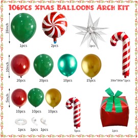 Christmas Balloons Arch Garland Kit, 106 Pack Xmas Metallic Red Green Gold Balloons, Candy Cane Balloons, Explosion Star Balloons, Gift Box Balloons for New Year Winter Holiday Birthday