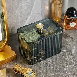 MC MEICHUANG Q-tip Holders with Lids, Clear Cotton Pad Organiser for Bathroom & Dressing Table with 3-Section- Storage for Cotton Swabs, Balls, Floss & Cosmetics (Green)