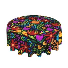 Pubnico Mexican Flower Round Tablecloth Kitchen Picnic Tablecloths Washable Table Cover for Dining Birthday Party Table Cloths Reusable Decoration Gardens Table Cloth 60in