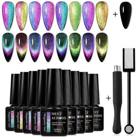 Starry Sky Effect Nail Art Kit, Christmas 9D Rainbow Cat Eye Gel Nail Polish & Magnetic Stick, Semi Permanent Glitter Reflective Soak Off UV Gel Gift, Gel Varnish Nail Supplies