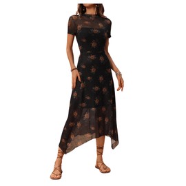 BEAUDRM Women's Floral Print Vintage Goth Dress Lettuce Trim Mesh Sheer Midi Dresses Asymmetrical Hem Flared A Line Dress Black Large