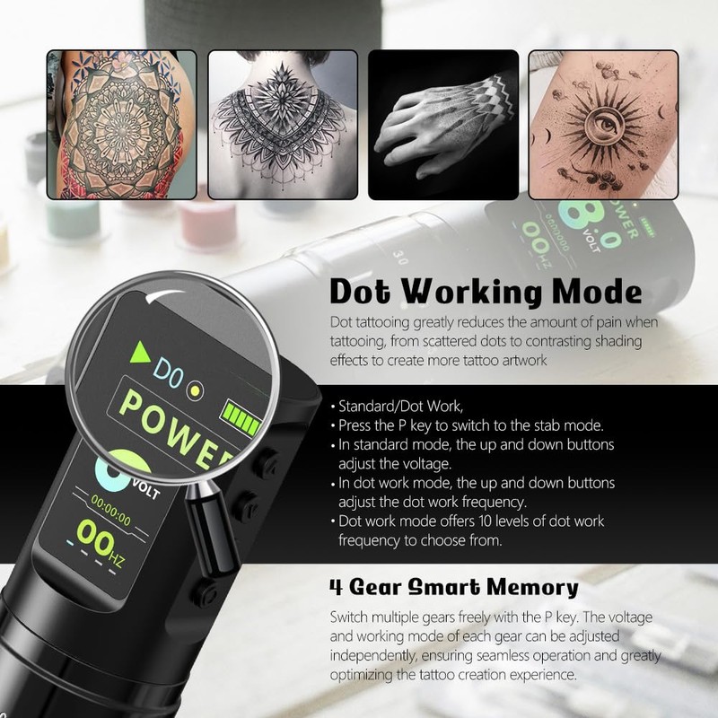 Tattoo Kit: Cordless Tattoo Gun with Adjustable Stroke, 38mm Grip