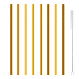 Stainless Steel Drinking Straws Gold, Reusable Metal Straws for Juice Iced Coffee Water Smoothies, 0.24" (6 mm) Wide 215 mm Long, Fits 20 oz Tumblers and Cups, Set of 8 with Cleaning Brush