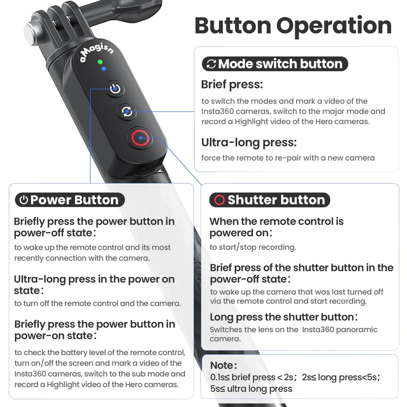 Aovee Remote Control Selfie Stick 100CM Stretchable Compatible with Insta360/Gopro