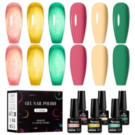MTSSII Magnetic Cat Eye Gel Nail Polish + Nude Gel Polish Set 6 Colors Pink Yellow Green Soak Off UV/LED Glitter Magnetic Gel Polish Gel Kit 7ml/0.24fl.oz
