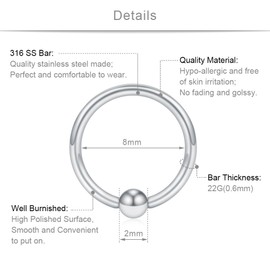 SCERRING 12PCS 22G 8mm Nose Hoop Lip Eyebrow Tongue Helix Tragus Cartilage Septum Piercing Ring - Mix Color 1#