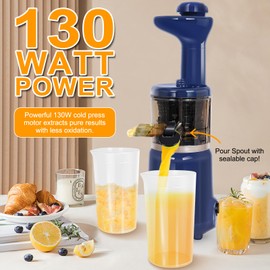 CAYNEL Compact and Portable Cold Press Juice, Masticating Slow Juicer with 1.77” Extra Wide Inlet Funnel for Fruites and Vegetables,Includes Brush, 16 oz Juice Cup, Easy to Clean,Blue