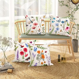 RABUSOFA Outdoor Pillows Covers Waterproof 18x18 Set of 4 Floral Throw Pillows Spring Summer Plant Decorative Cousion Case for Patio Furniture Farmhouse Garden Home Sofa Couch