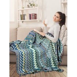 Cozary Boho Throw Blanket for Couch - Tapestry Outdoor Knit Cotton Blankets with Tassels Soft Cozy Lightweight Fall Decorative Blanket for Home, Bed, Chair, Sofa,Woman(Blue 60 * 80 inches)