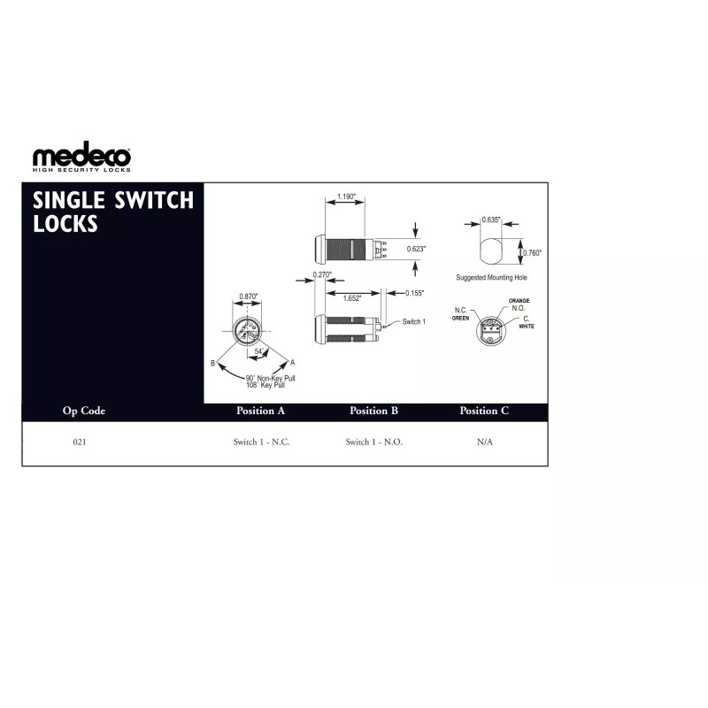 Medeco On-Off Key Switch Lock, Momentary (Spring Return), Single Pole