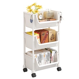 MeiChaoMeiJia 3 Tier Rolling Utility Cart with Wheels, Plastic Multi-Functional Trolley Carts Lockable Casters, Movable Storage Organizer for Kitchen Bathroom Laundry Dorm Living Room, White