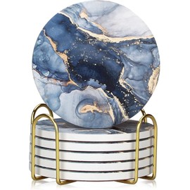 Rocwing Ceramic Drink Coasters with Cork Base Round Marble Style Set of 6 with Holder - Charm