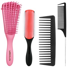 UREELIN hair Brush Set for Afro America/African Hair, Textured 3a to 4c -Detangler Brush,9 row hair brush,Wide Tooth Comb,Rat Tail Comb (Pink)