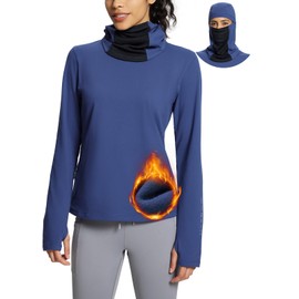 BALEAF Women's Running Hiking Gear Ski Mask Long Sleeve Cowl Neck Thermal Tops Cold Weather Turtleneck Blue M