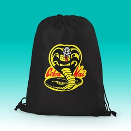 Black Cobra Kai Drawstring Bag - The Karate Kid Martial Arts Comedy-Drama TV Gym Football Swimming Dance Back to School Nursery Primary Backpack Gift Present (Black)