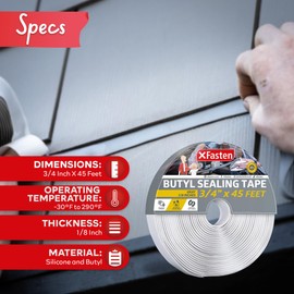 XFasten Butyl Seal Tape Gray - 1.5” Core 1/8" x 3/4'' x 45 Foot, EDPM Butyl Putty Tape, Sound Dampener Automotive Butyl Tape RV, Butyl Rubber Sealant, Waterproof Butyl Sealing Tape