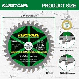 KURSTOL Wood Circular Saw Blade - 85mm TCT Cutting Disc 32T Tungsten Carbide Tipped Blade Bore 15mm-10mm for Wood, Laminates, Aluminum, Copper, Non-Ferrous Metals, Plastic