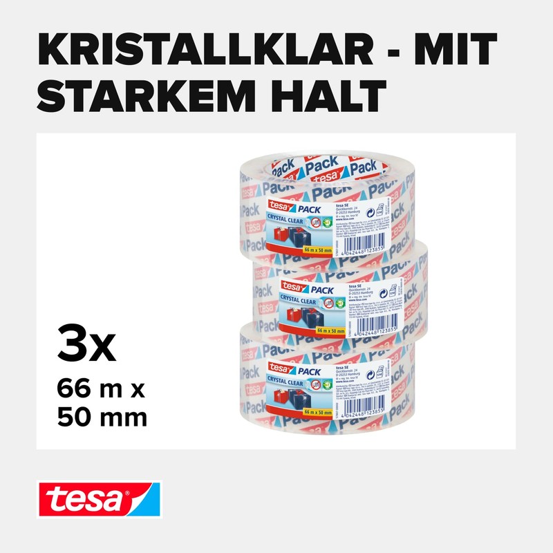 Tesa Crystal Clear Packing Tape 3 Rolls 66 m x