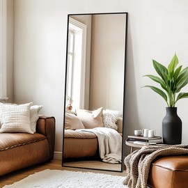 Grungis 64"x24" Full Length Mirror with Stand, Black Mirror Full Length Aluminum Alloy Thin Frame Full Body Mirror, Free Standing, Hang or Lean Against Wall