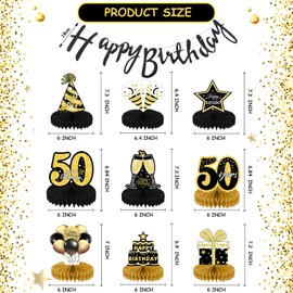 9 Pieces Birthday Honeycomb Centerpieces, 50th Birthday Centerpieces Black Gold Happy Birthday Banner for Birthday Party Table Decoration, Table Centerpieces for Men Woman Birthday Party Decoration