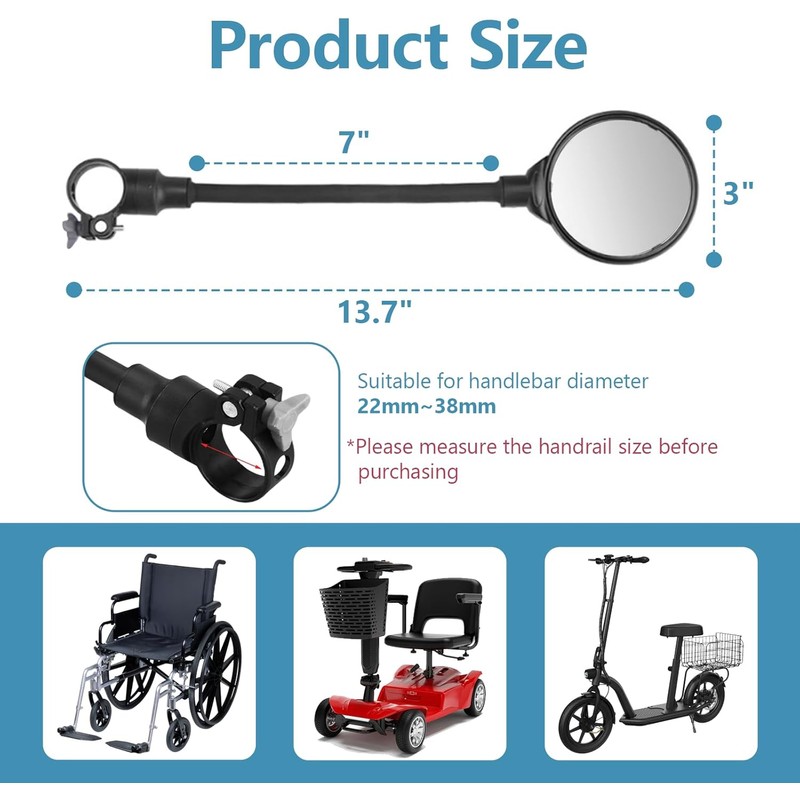 Wheelchair Rear View Mirrors, 360° Rotating Telescopic Wide-Angle Rearview Mirror