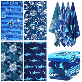 4 Packs Oversized Thin Beach Towel Set, 36 x 72 in XL Extra Large Big Soft Pool Swim Travel Towels Clearance for Adult Women Men Lounge Chair Cover Accessories Essentials Fish Shells Sharks Turtles