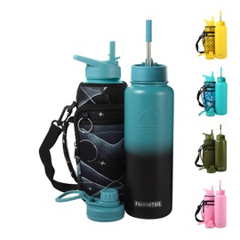 FAHRMOSIS 40 Oz Insulated Water Bottle Stainless Steel Water Bottle with Straw & Holder Strap - Includes 3 Lids Water Bottles - Leak Proof coldest Water Bottle for Men & Women - Indigo Green (Pattern)