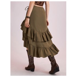 MakeMeChic Women's Western Boho Flowy Ruffle Hem Tiered Midi Skirts High Low Asymmetrical Drawstring Skirts Army Green Large