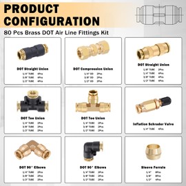 CheeMuii 80 PCS Brass DOT Air Line Fittings Kit DOT Push Lock and Compression Air Fitting Pure Brass Quick Connect Union 1/8" 1/4" 3/8" 1/2" Air Hose Fittings Assortment