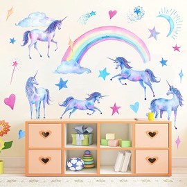 Unicorn Wall Decals, Multi Color Unicorn Rainbow Vinyl Wall Stickers, Removable Decals for Girls Bedroom Kids Room Nursery, Unicorn Wall Art Home Decorations Party Supplies