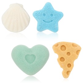 Ptwola 4 Pcs Bath Sponges, Natural Soft Cute Shapes Safe Foam Loofah Plant-Based Lots of Lather Stars Cheese Shape Heart Large Size Shower Body Sponges for Oily Dry Combination Skin Bathing