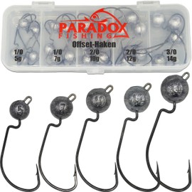 Paradox Fishing Premium Offset Hook Set 1/0-3/0 (5g/5g/7g/10g/14g) 24 Pieces Each 5/4 Pieces I Offset Hooks with Lead Jig Heads Set Cheburashka Lead Dropshot Hook for Rubber Fish I Jig Head Set