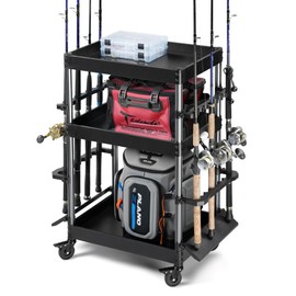 Savior Equipment Mobile Tackle Station 16 Fishing Rod Holder Cart w/Wheels, Adjustable Rack for Different Rod & Reel, 3-Level Fishing Gear Storage Pole Organizer for Garage Home Indoor Use, Black