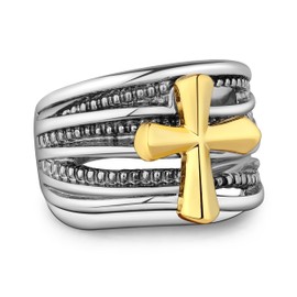 Mytys Gold and Silver Statement Rings for Women - Two Tone Rings Vintage Openwork Silver Band Rings Cocktail Jewelry (Golden Cross, 7)