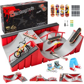 Hamino Fingerboard Skate Park Ramp Kit, Finger Skateboards Toys with Skates Sports Shorts Tool Kit, Mini Fingerskateboards Training Props Interactive Freestyle Skate Game for Kids Adults
