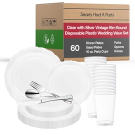 Elegant Plastic Plates, Disposable Dinnerware Sets, Plastic Dinner Plates, Disposable Plates for Party, Disposable Plastic Plates, Party Plates (Clear with Silver, Wedding Value Set (60 Guests))