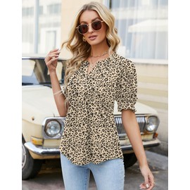Ivicoer Leopard Print Tops for Women Dressy Casual Summer Boho Bohemian Clothes Puff Sleeve Tunic Tops Loose Fit M