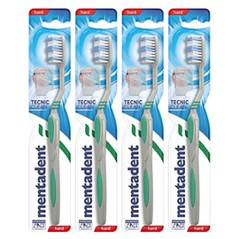 4 x Mentadent Tecnic Clean Zahnbürste mit harten Borsten und Zungenreiniger - 4 Zahnbürsten