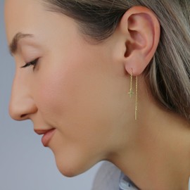 925 Sterling Silver Cross Threader Earrings for Women | Minimalist Chain Earrings for Double Piercings | Dangle Cross Earrings | Hypoallergenic, Sterling Silver, No Gemstone