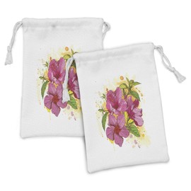 Ambesonne Floral Fabric Pouch Set of 2, Vibrant Hibiscus Flower Bouquet Exotic Watercolor Artwork, Small Drawstring Bag for Toiletries Masks and Favors, 9" x 6", Earth Yellow Fuchsia