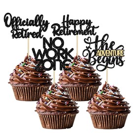 24 piezas de decoración para cupcakes jubilados oficialmente sin zona de trabajo, aventura comienza magdalenas, decoración de retiro, despedida, fiesta de cumpleaños, decoración de pasteles, color negro