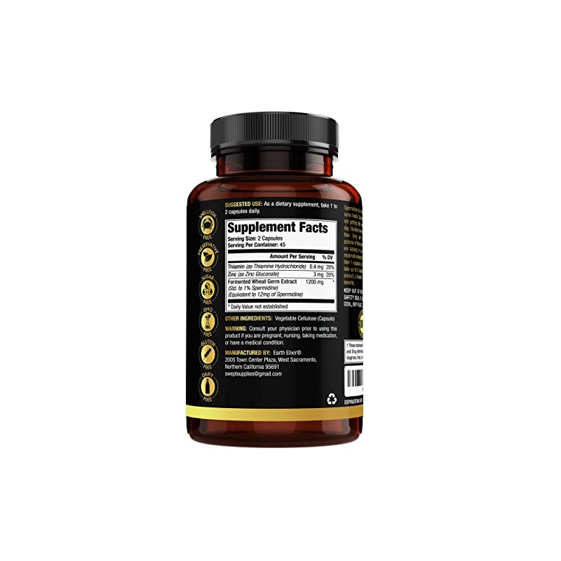 Earth Elixir Suplementos Espermidina 1200 Cápsulas Fabricado Estados Unidos Pureza