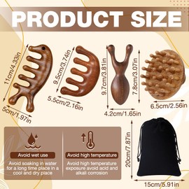 4Pcs Sandalwood Head Massage Comb, Meridians Scalp Massage Wooden Massager Comb, Anti-Static, Wide Teeth, with Storage Bag, Gua Sha & Acupressure Therapy Tool for Head Scalp