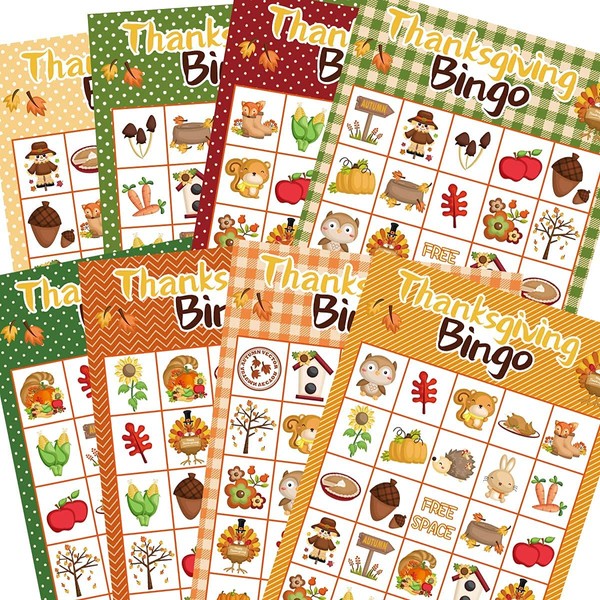 FANCY LAND Thanksgiving Bingo Game for Kids 24 Players 8 Designs Multi Color Holiday School Activity Party Game Supplies